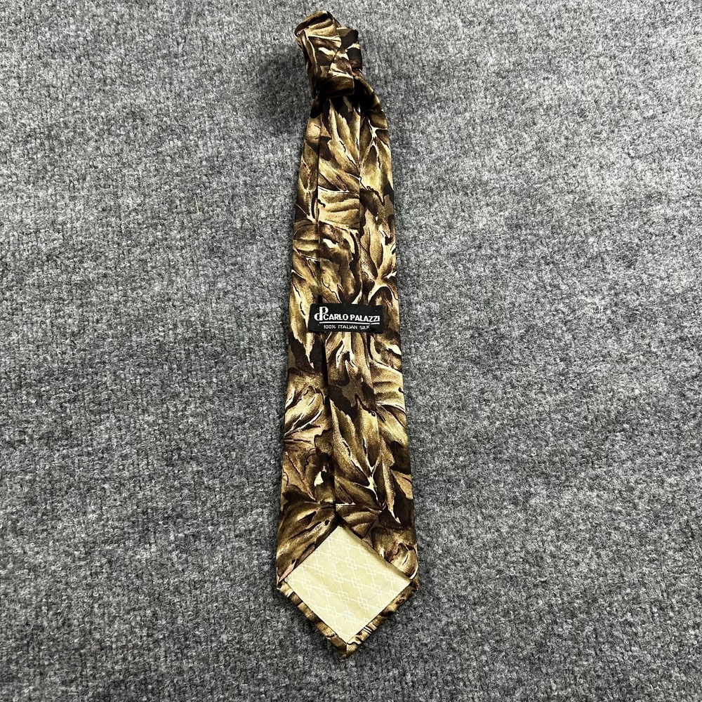 Carlo Palazzi Silk Tie Italian Leaf Pattern Leafy Brown Green Botanical Men VTG
